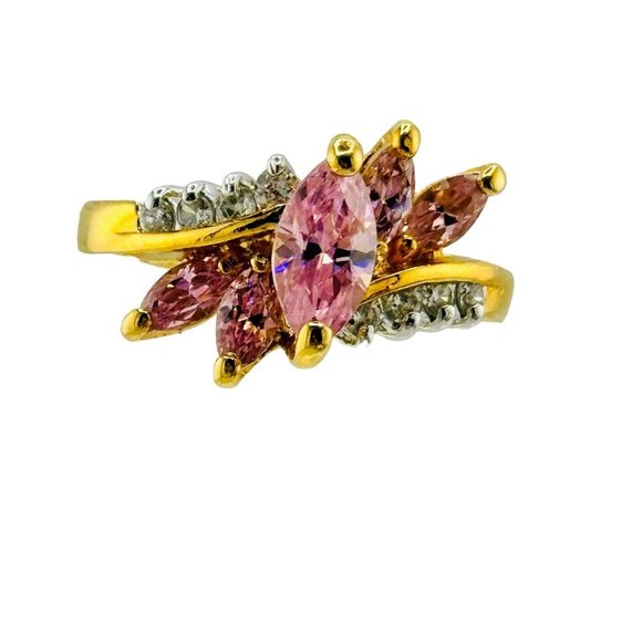 Gold Vermeil Sterling Silver Pink Clear Cubic Zirconia Ring Size 10 Signed EDCO - Picture 1 of 8